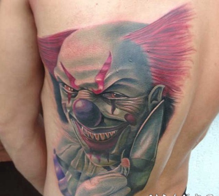 背部3D彩色邪恶的微笑小丑纹身图案