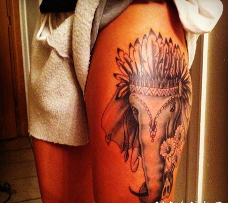 大腿3D风格的印度大象纹身图案