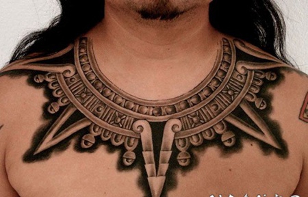 颈部3D风格黑白部落项链纹身图案