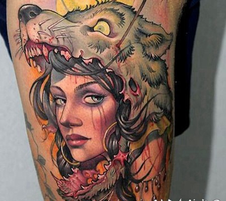 old school大腿3D彩色神秘女人肖像与狼头盔纹身图案