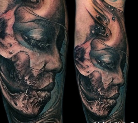 小臂3D彩色的恶魔女人肖像纹身图案