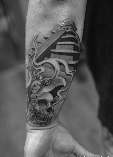 手臂3D自然的黑白玛雅头骨纹身图案