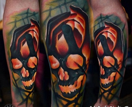 手臂自然的彩色3D骷髅纹身图案