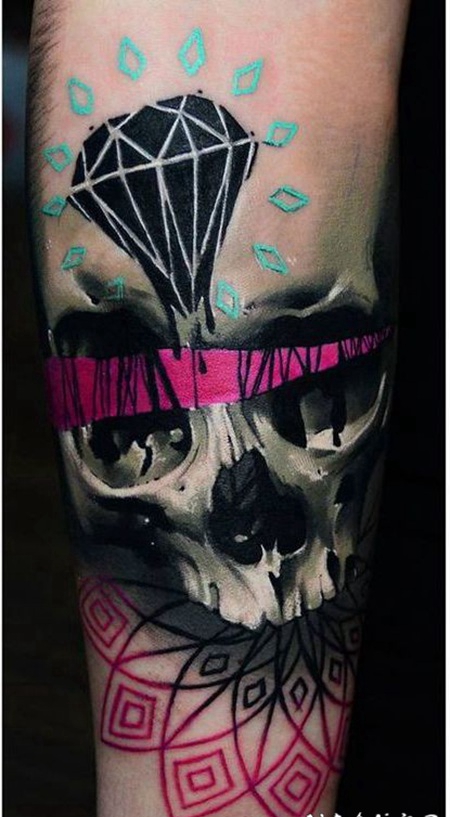 手臂3D彩色人骷髅与钻石和梵花纹身图案