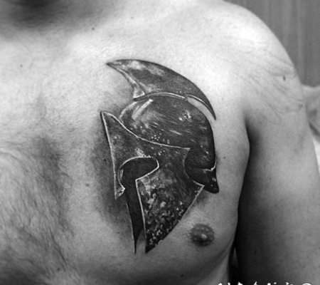 胸部3D黑白古怪的武士头盔纹身图案