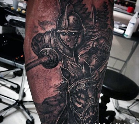 小腿很酷的3D风格中世纪骑士纹身图案