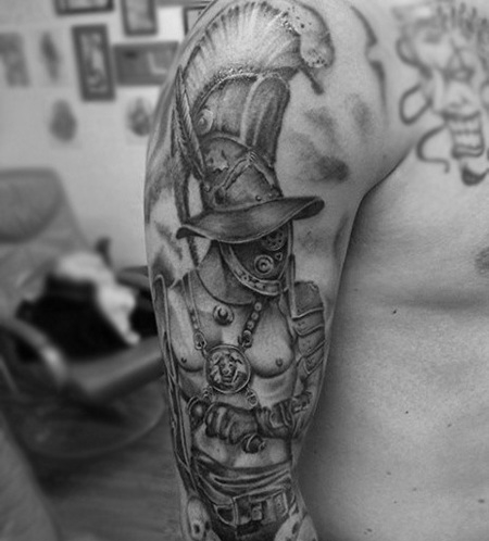 手臂3d黑色古怪的角斗士战士纹身图案