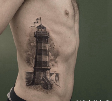 侧肋3D风格黑白的灯塔纹身图案
