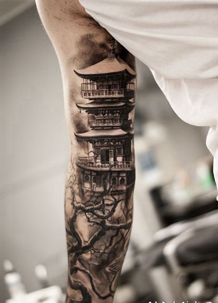 3D自然的亚洲风格建筑手臂纹身图案