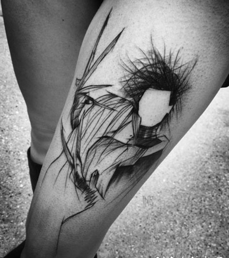 大腿3D黑色的素描人像纹身图案