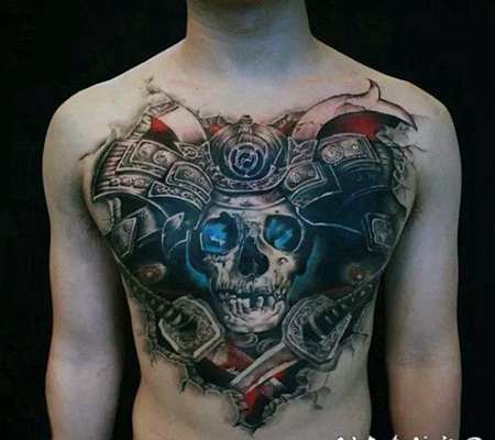 胸部很酷的彩色3D武士骷髅和交叉剑纹身图案