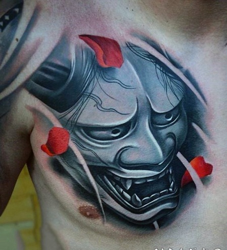 胸部亚洲神秘的写实般若和花瓣彩色纹身图案