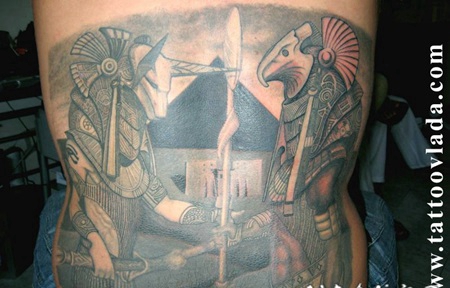 背部华丽的3D彩色各种埃及神像纹身图案