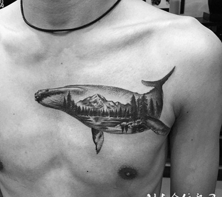 大自然的梦幻，胸口鲸鱼个性点刺纹身