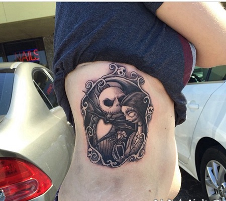 侧肋3D卡通僵尸新娘夫妇纹身图案