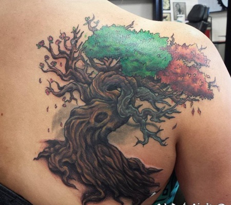 背部3D风格的天然彩色大树纹身图案