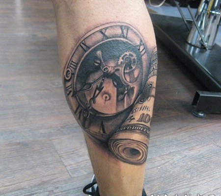 小腿3D黑色的机械时钟和美元纹身图案