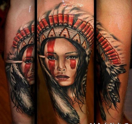 手臂3D风格逼真的彩色美丽印度女人纹身图案