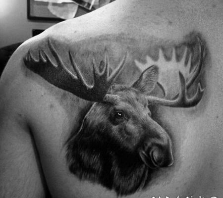 背部3D惊人的黑色大麋鹿纹身图案