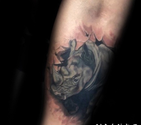 小臂3D风格的彩色撕皮犀牛纹身图案