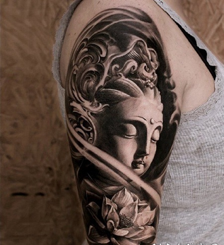 手臂3D黑白逼真佛像与莲花纹身图案
