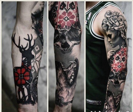 手臂3D装饰风格神秘女子和动物纹身图案