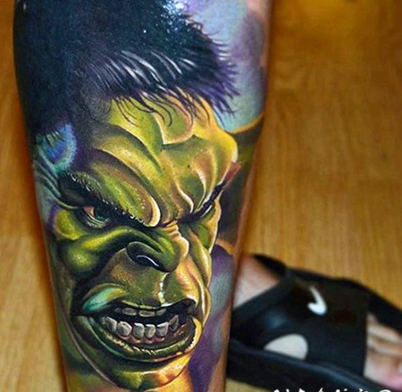 小腿3D愤怒的绿巨人纹身图案