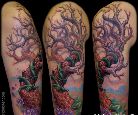 手臂3D风格彩色神秘孤独的树纹身图案