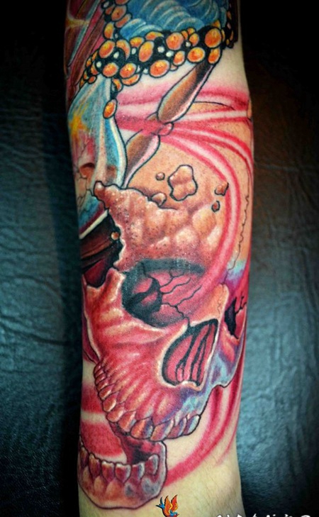手臂3D彩色的骷髅和沙漏纹身图案
