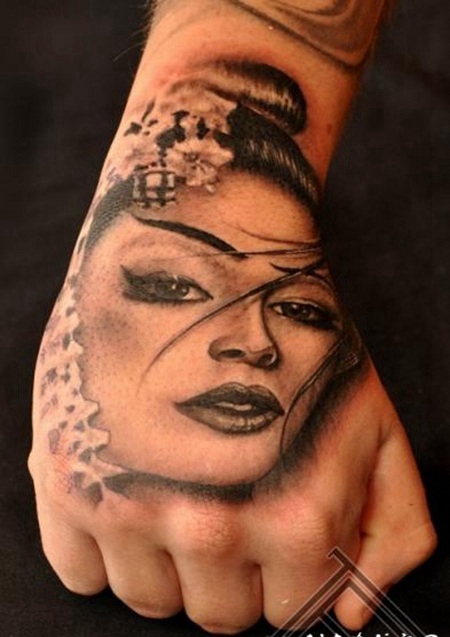 手背3D亚洲艺妓女子肖像纹身图案