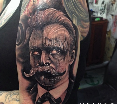 手臂令人难以置信的3D恶魔大胡子男人纹身图案