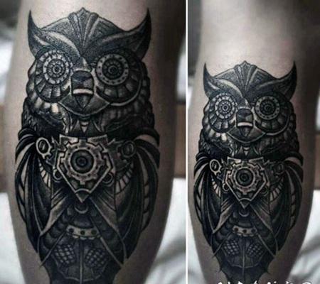 小腿3D神秘的机械猫头鹰纹身图案