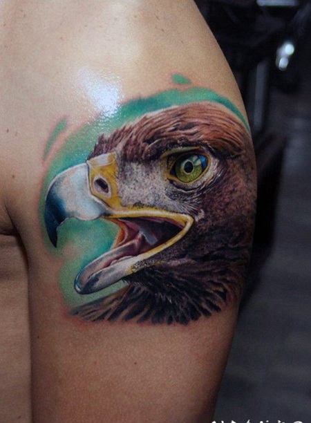 手臂逼真的3D传统彩色鹰头纹身图案
