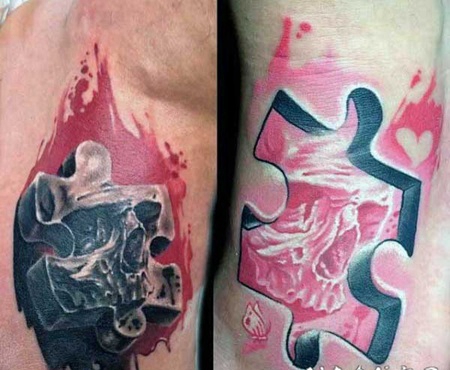 脚背有趣的彩色拼图块纹身图案