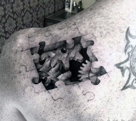 肩部3D风格黑色的拼图机械纹身图案