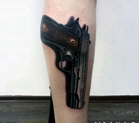小腿非常逼真的3D彩色现代手枪纹身图案