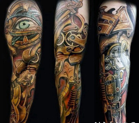 手臂彩色3D有趣的生物力学神秘盔甲纹身图案