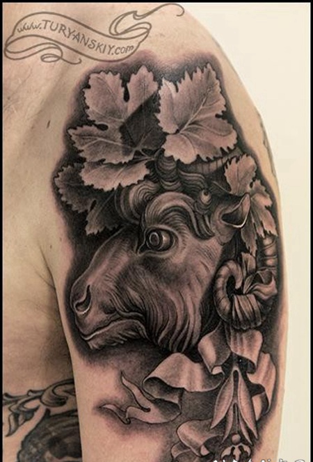 手臂3D黑色的山羊丝带和叶子纹身图案