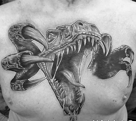 胸部3D风格黑色邪恶恐龙与爪子纹身图案