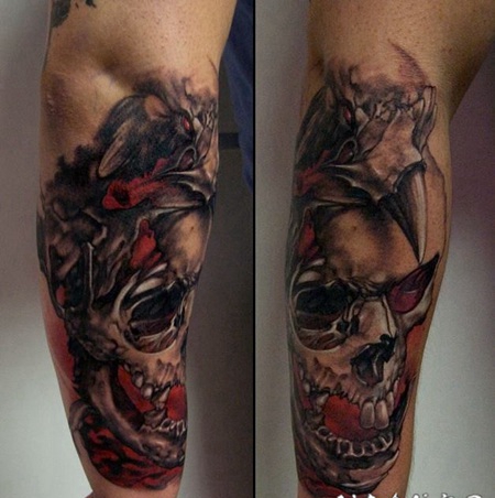 手臂3D彩色的骷髅与恶魔乌鸦纹身图案