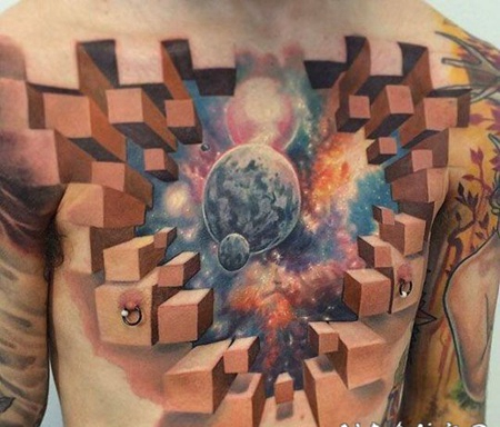 胸部3D风格的彩色太阳系和方块纹身图案