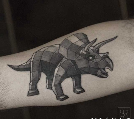 手臂黑灰3D风格的几何恐龙纹身图案