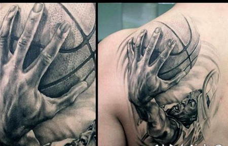 背部3D风格黑白篮球运动员纹身图案