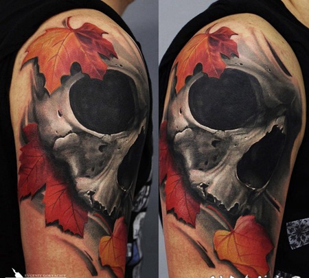 手臂3D风格的彩色骷髅与枫叶纹身图案