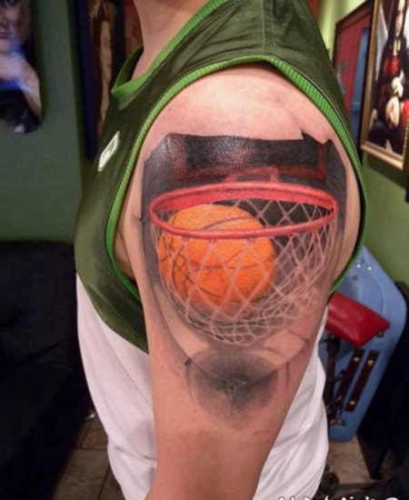 手臂3D风格的彩色逼真篮球纹身图案