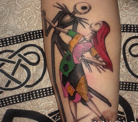 小臂3D彩色的卡通僵尸新娘纹身图案