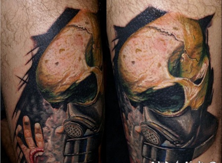 彩色的3D防毒面具和骷髅纹身图案