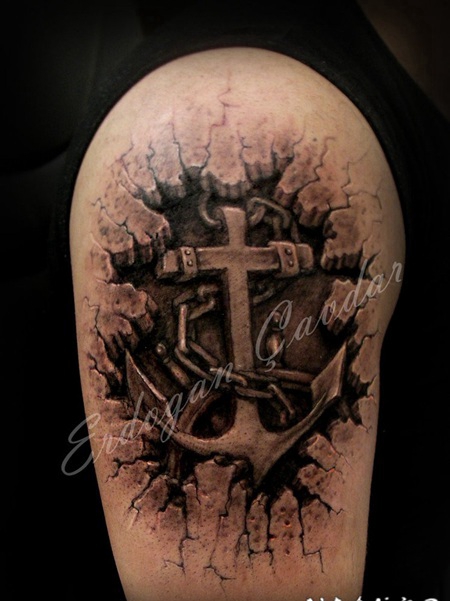 大臂3D风格的旧船锚纹身图案