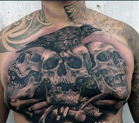 胸部3D乌鸦和骷髅骨头纹身图案