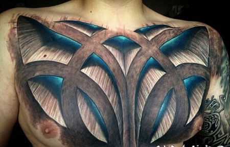 胸部3d彩色的大饰品纹身图案